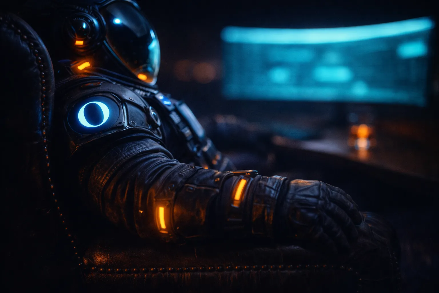 Close-up of astronaut in leather chair with blurred monitor glow in dark cyberpunk office