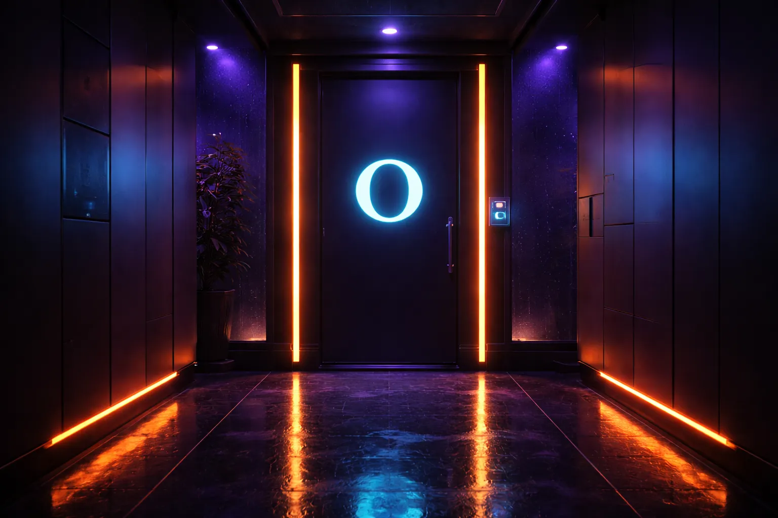 Sleek futuristic office door with glowing cyan O logo and orange accent lighting in dark corridor