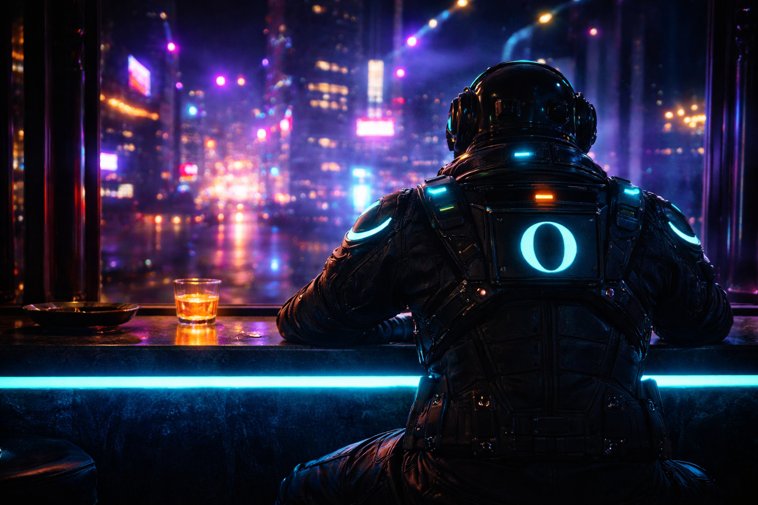 Astronaut with O emblem sitting at neon-lit bar with drink overlooking cyberpunk city at night