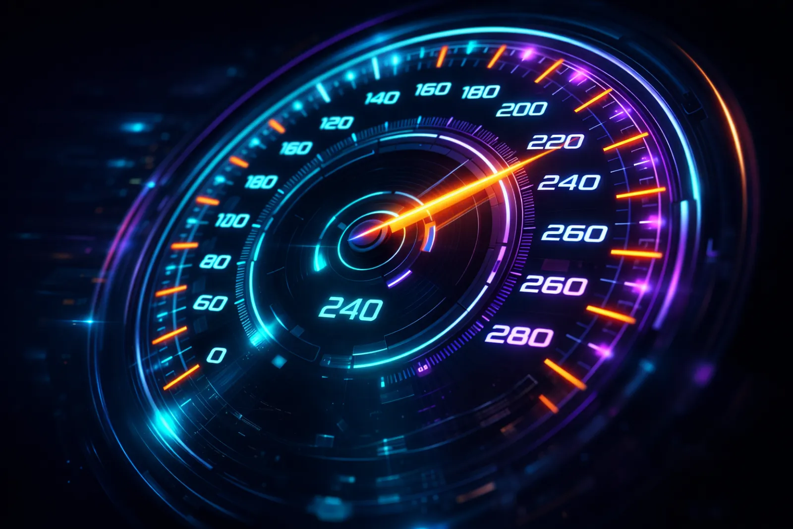 Futuristic speedometer gauge with cyan and orange neon glow representing algorithm performance recalibration