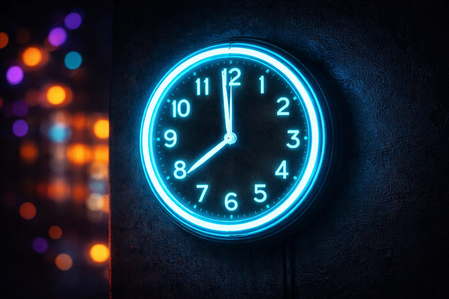 Neon cyan clock on dark wall representing timing triggers for SEO services