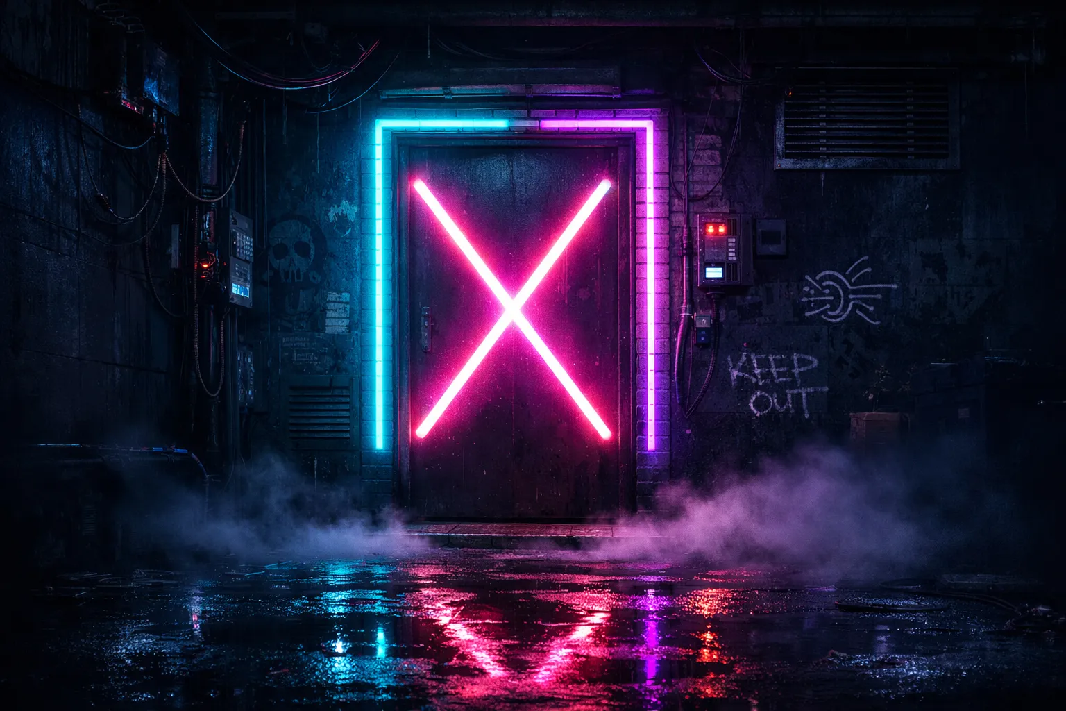 Neon X blocking a cyberpunk door, representing crawl errors that block search engines