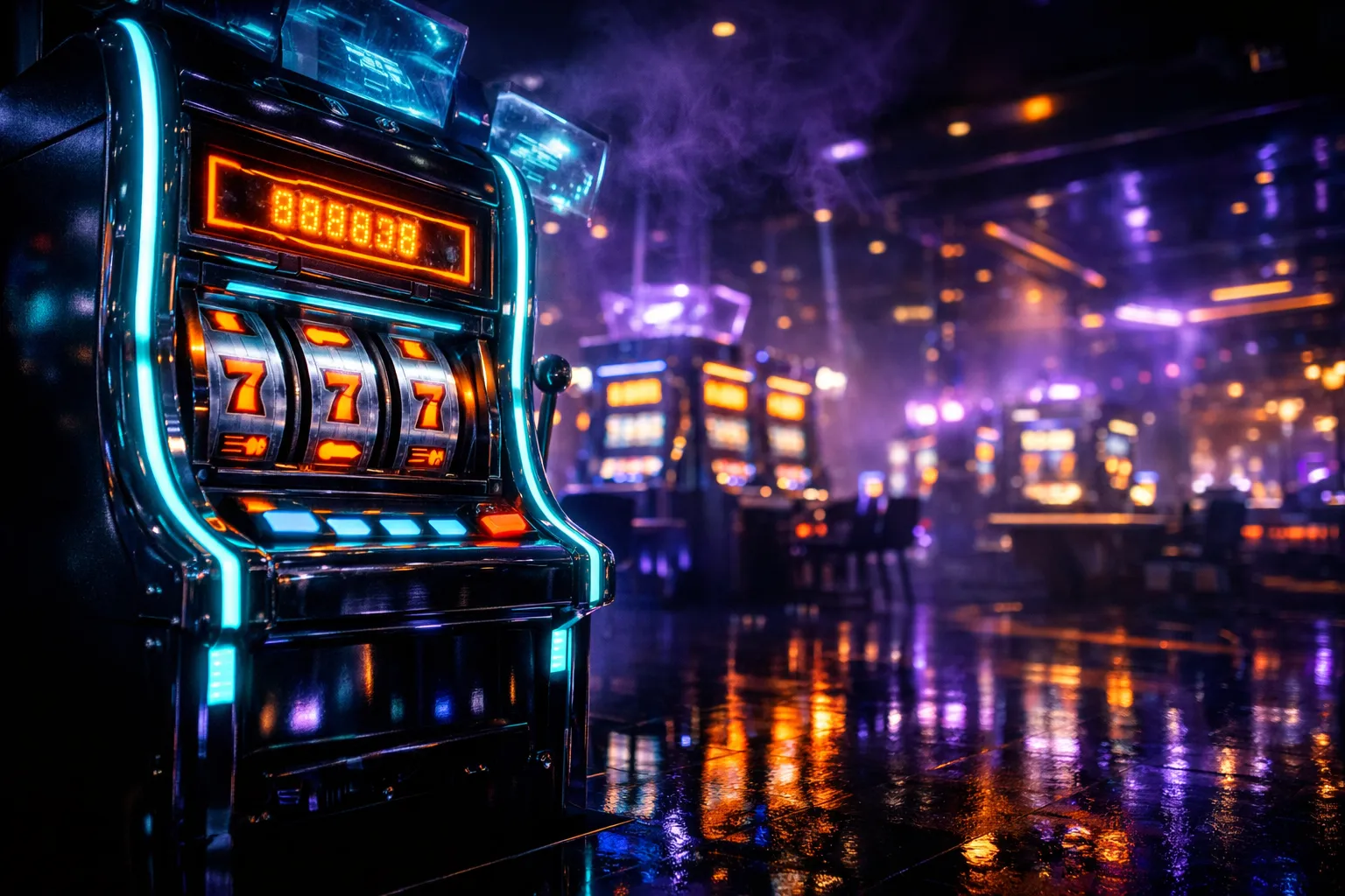 Cyberpunk casino with glowing cyan slot machine showing 777 jackpot representing Google Ads budget and bidding