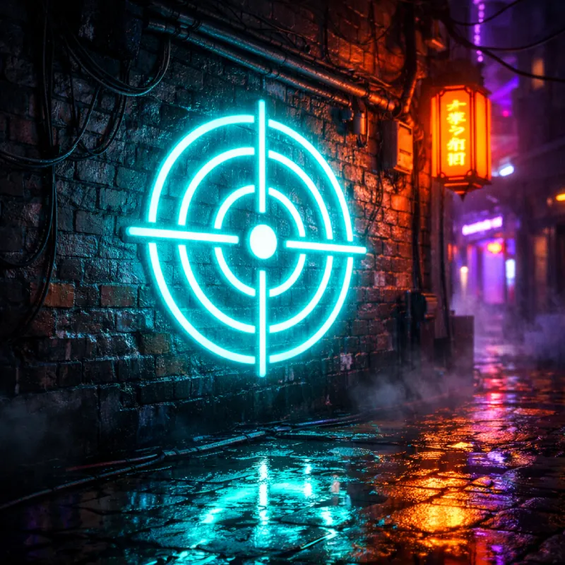 Glowing cyan neon target on brick wall in dark cyberpunk alley with wet street reflections