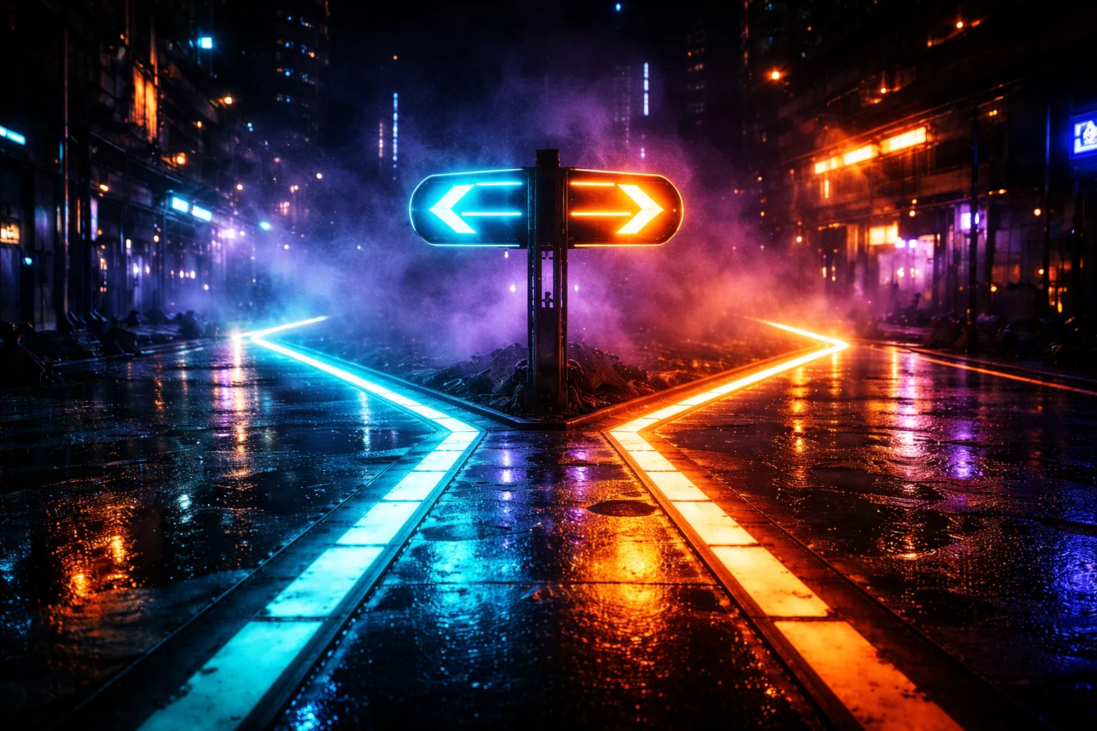 Cyberpunk crossroads with cyan and orange neon arrows pointing different directions representing strategic decision making