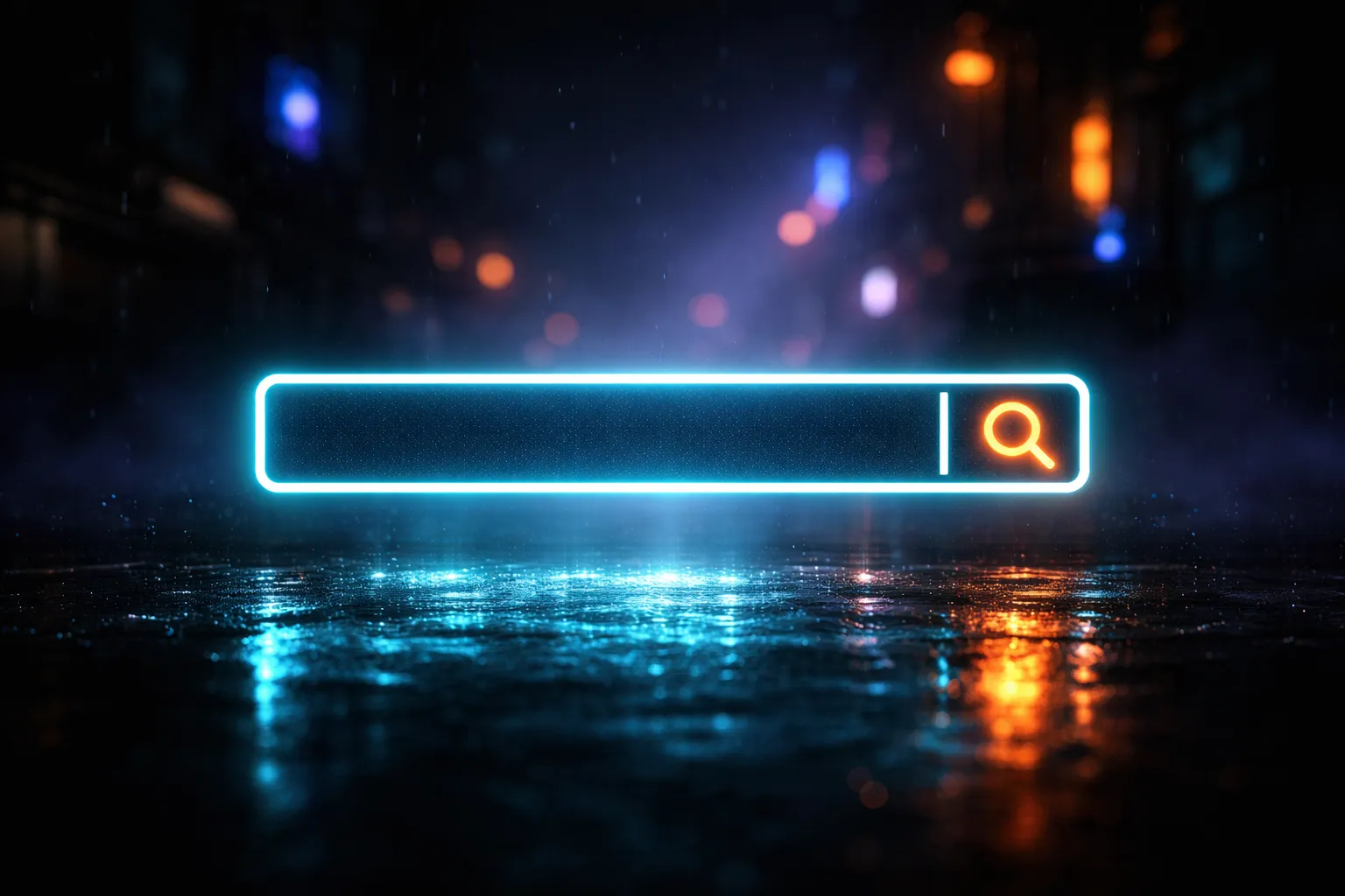 Neon cyan search bar with orange magnifying glass icon on wet cyberpunk street representing active search intent