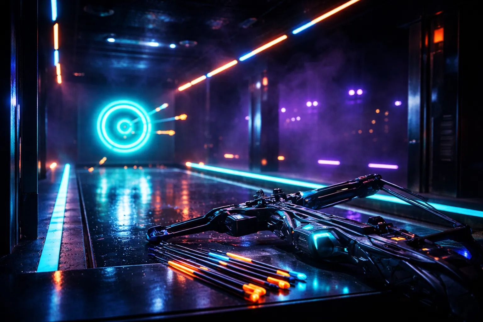Cyberpunk archery range with futuristic crossbow and cyan neon target representing precise ad targeting