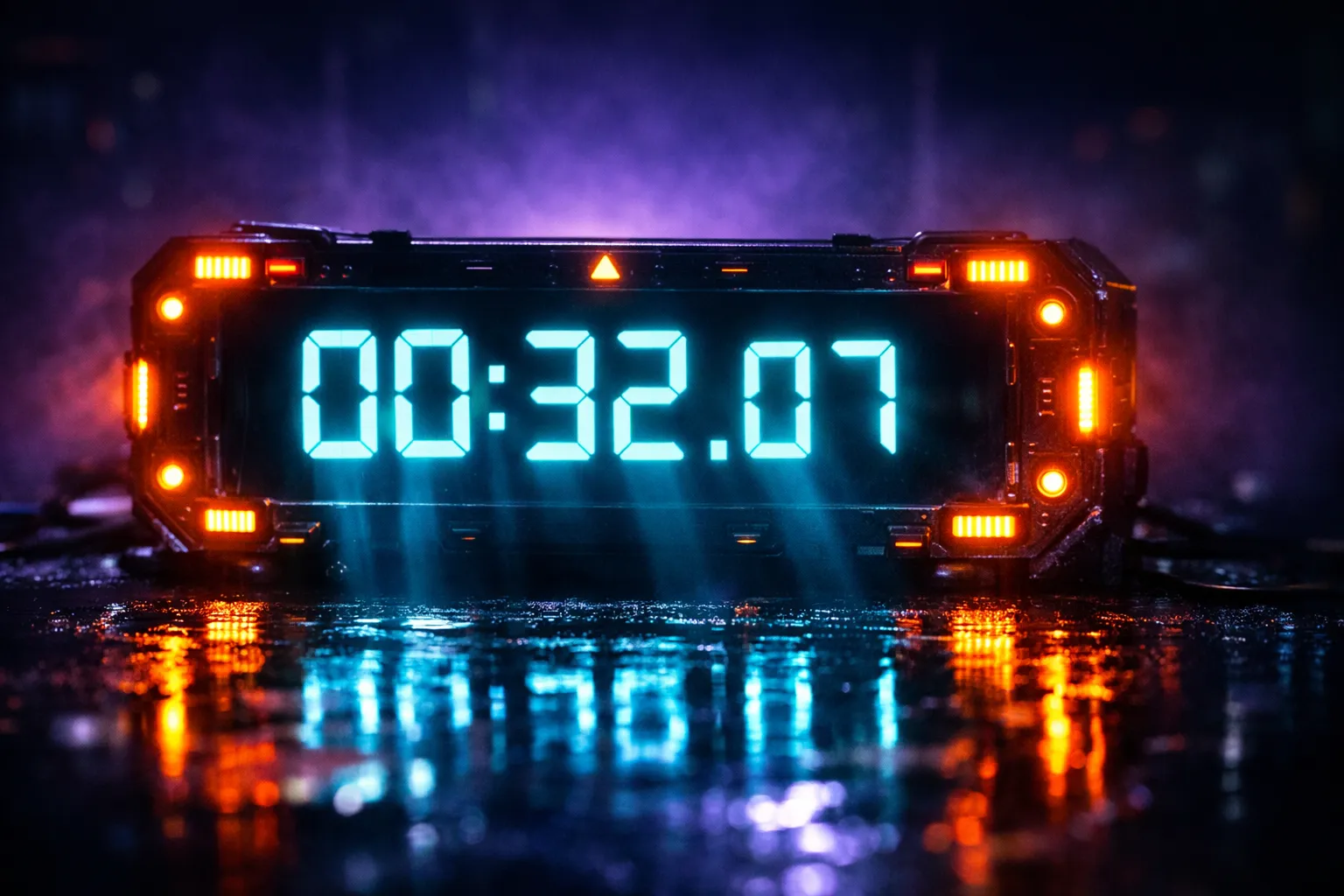 Cyberpunk countdown timer with cyan digits and orange warning lights representing time-sensitive advertising decisions