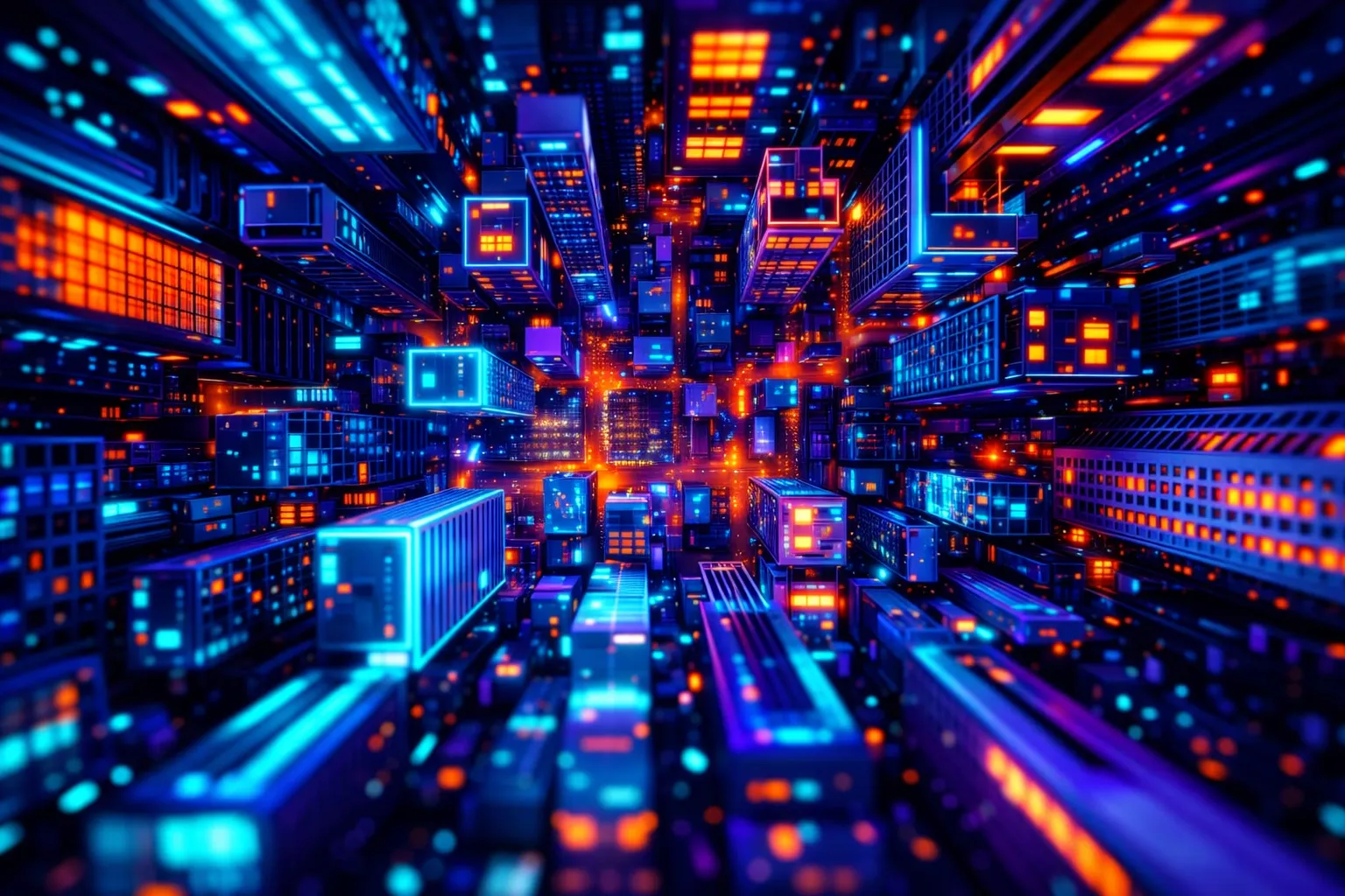 Aerial view of dense cyberpunk city with cyan and orange neon lights representing Auckland market competition