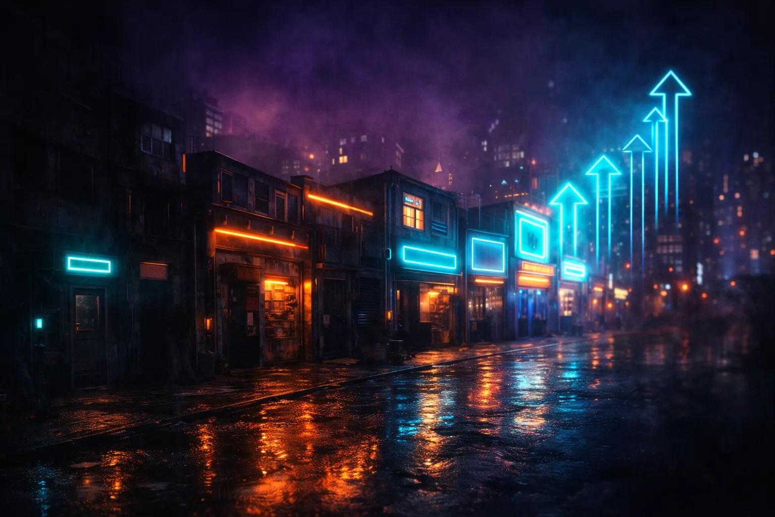 Cyberpunk street with glowing cyan arrows rising upward representing compounding SEO growth over time