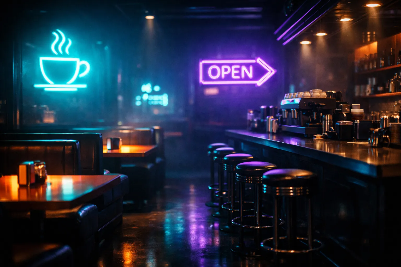 Empty cyberpunk cafe with neon OPEN sign and no customers representing website without visitors