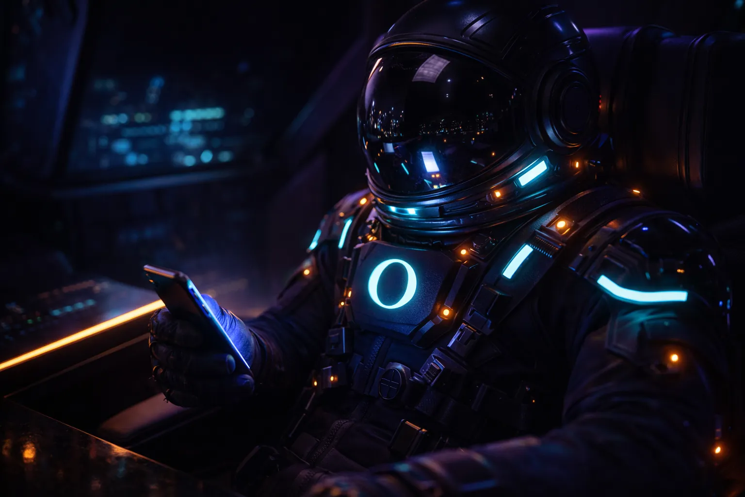 Astronaut in cyberpunk suit holding smartphone with glowing cyan accents representing mobile search