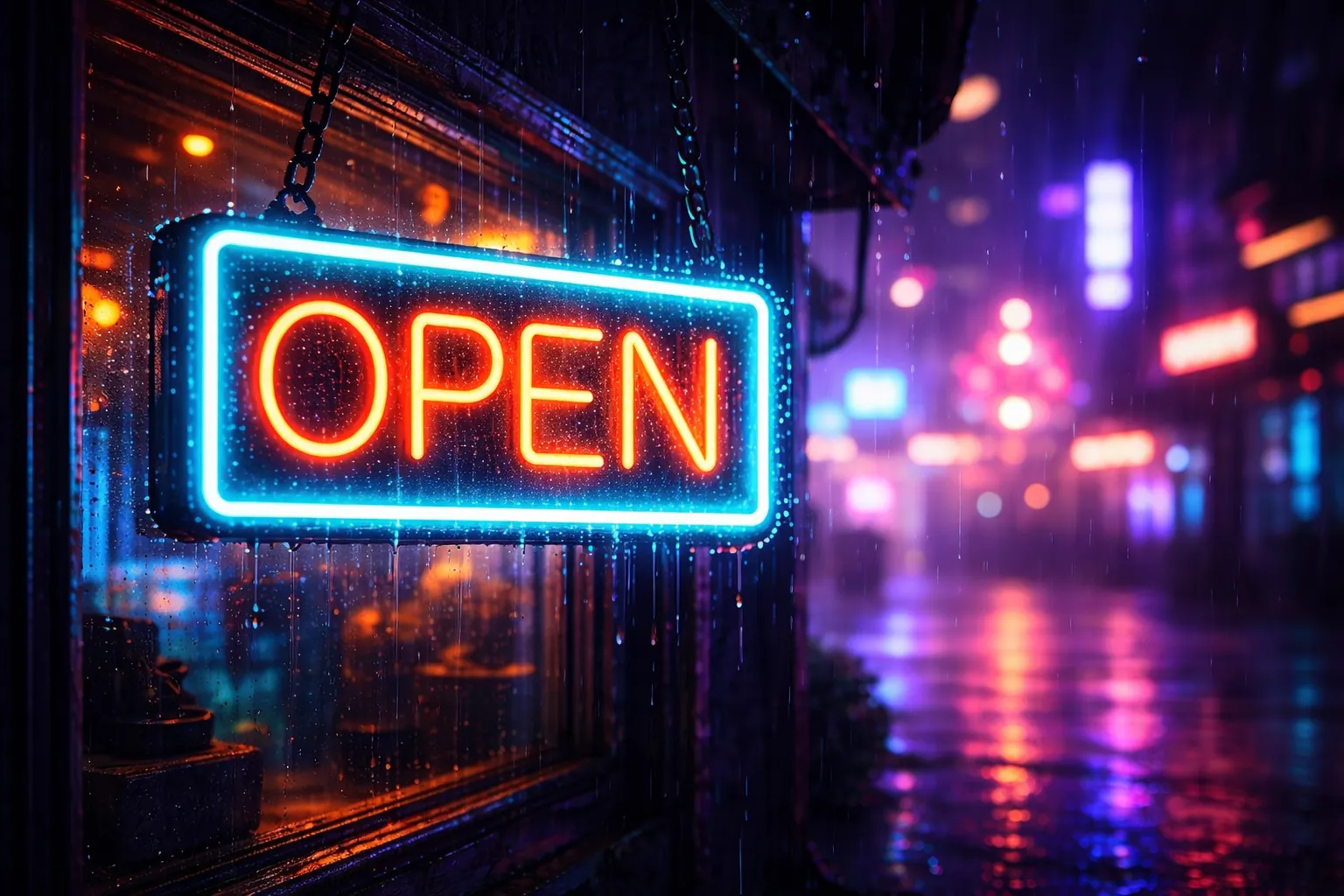 Cyan and orange neon OPEN sign in rainy cyberpunk city at night