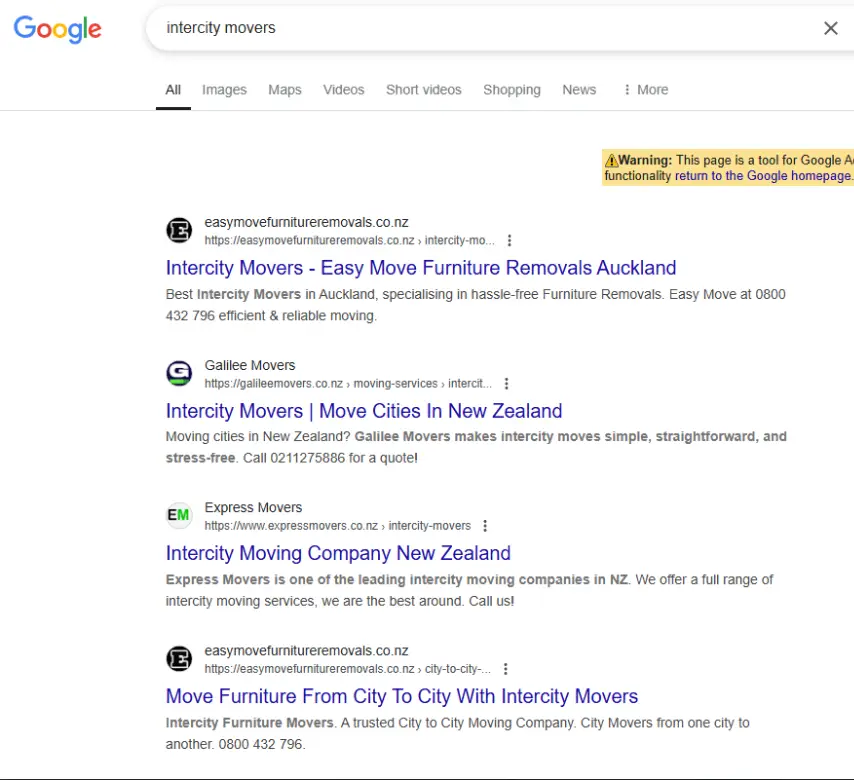 Google search results showing a furniture removal company ranking #1 for intercity movers NZ