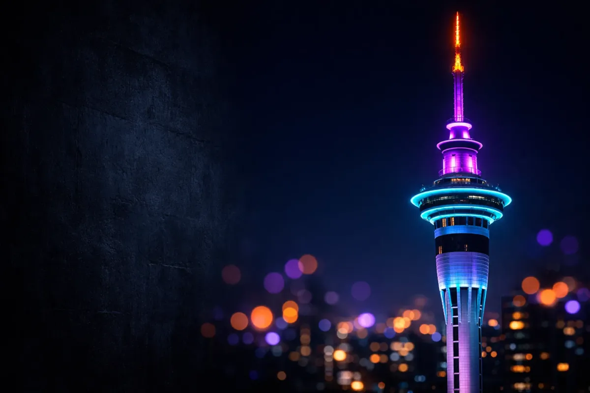 Auckland Sky Tower illuminated at night with city lights in background