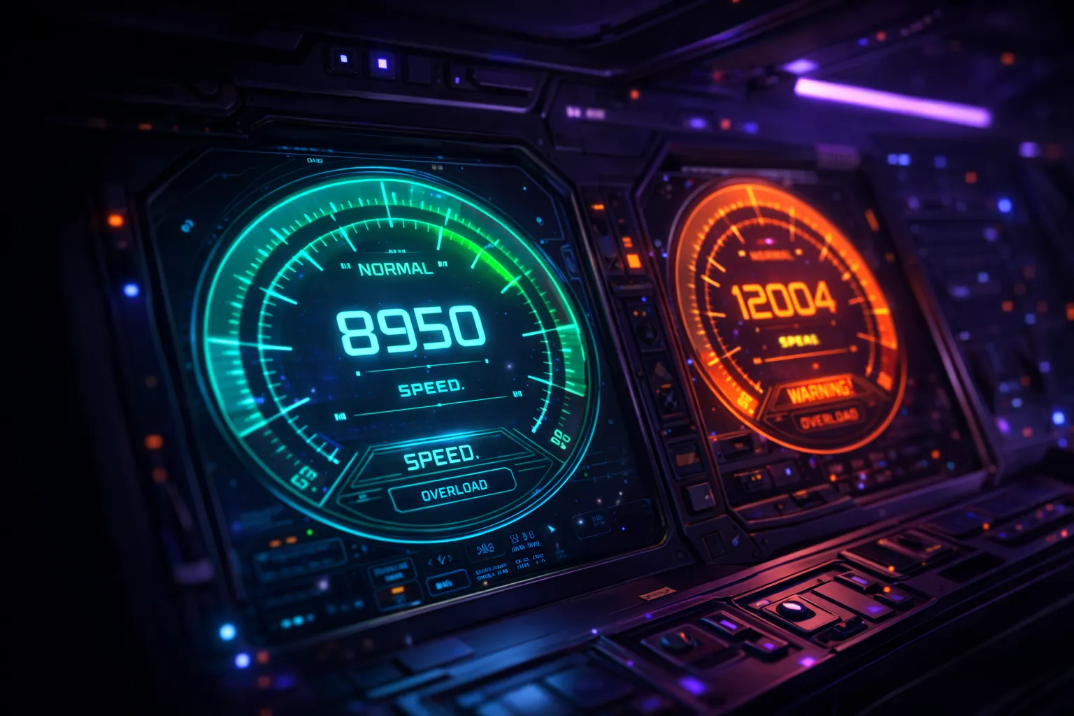 Spaceship cockpit speed gauges showing normal cyan reading and orange overload warning