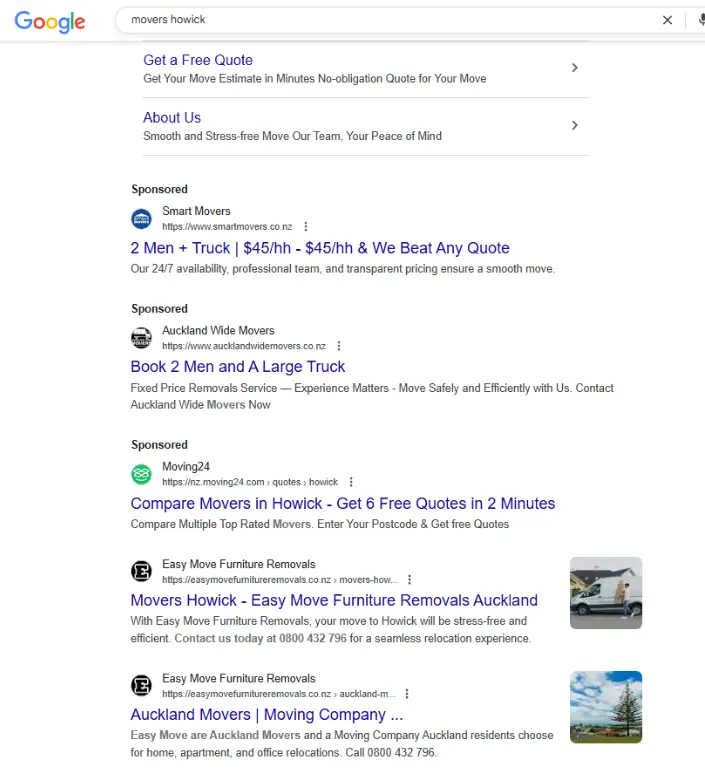 Google search results showing a Howick removal company ranking #1 organically below paid ads