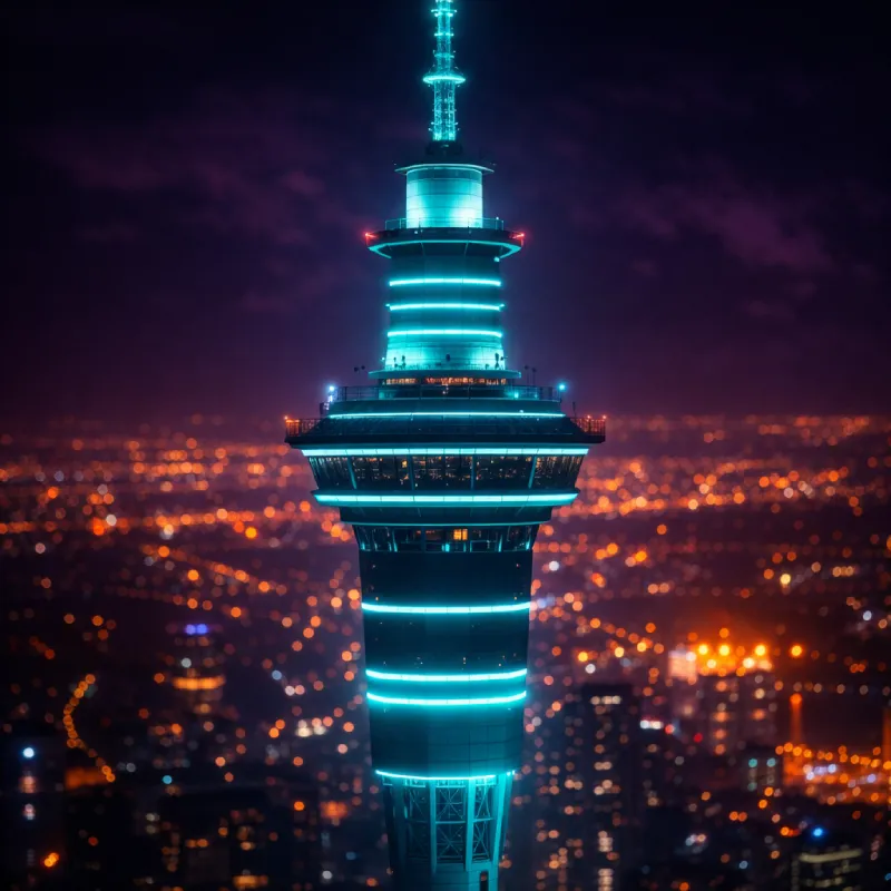Auckland Sky Tower with cyan neon lights and orange city lights at night