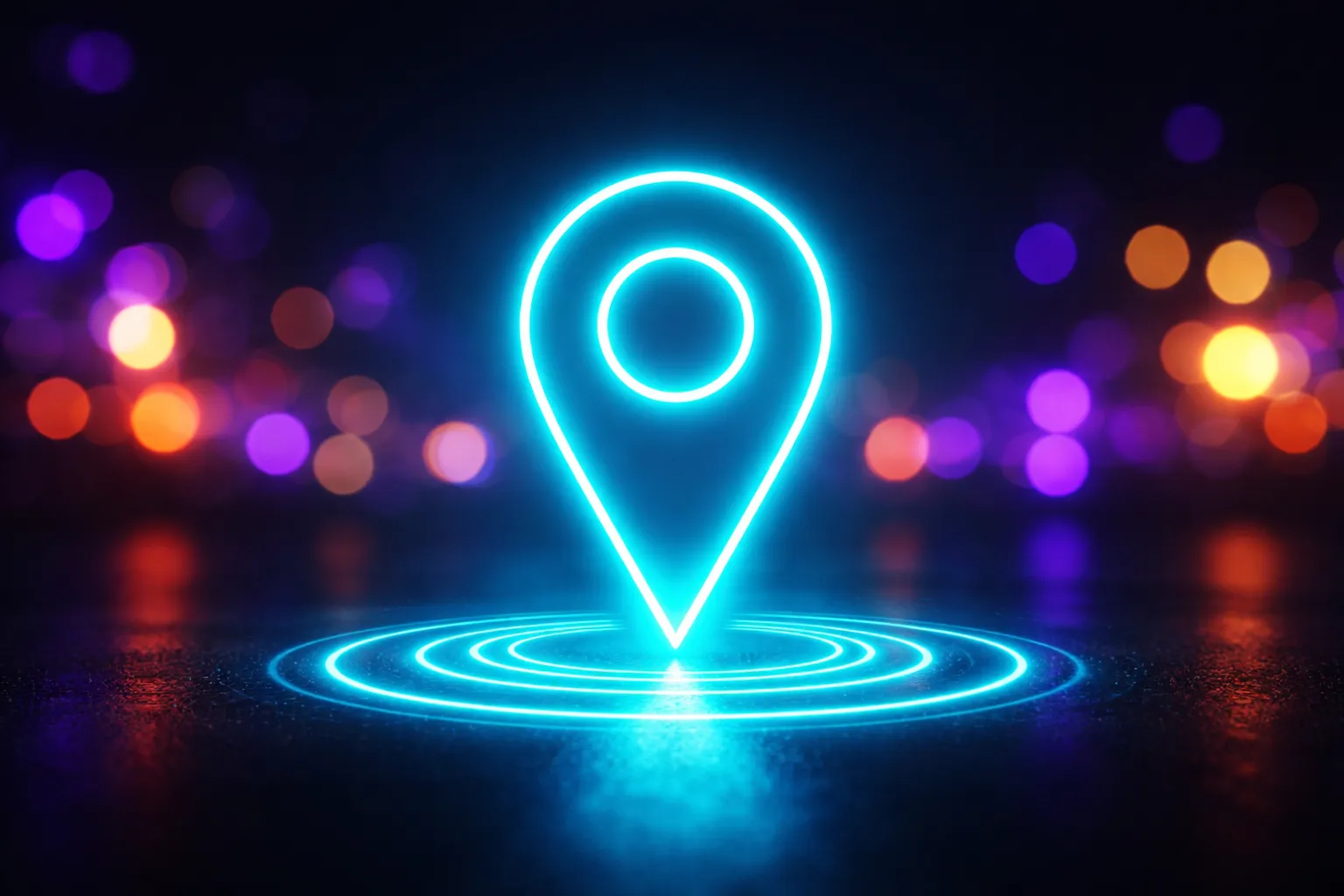 Bright neon location pin with cyan glow representing local SEO targeting