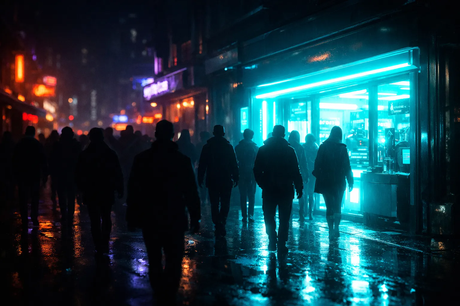Silhouetted crowd drawn toward one bright cyan shopfront on dark cyberpunk street at night