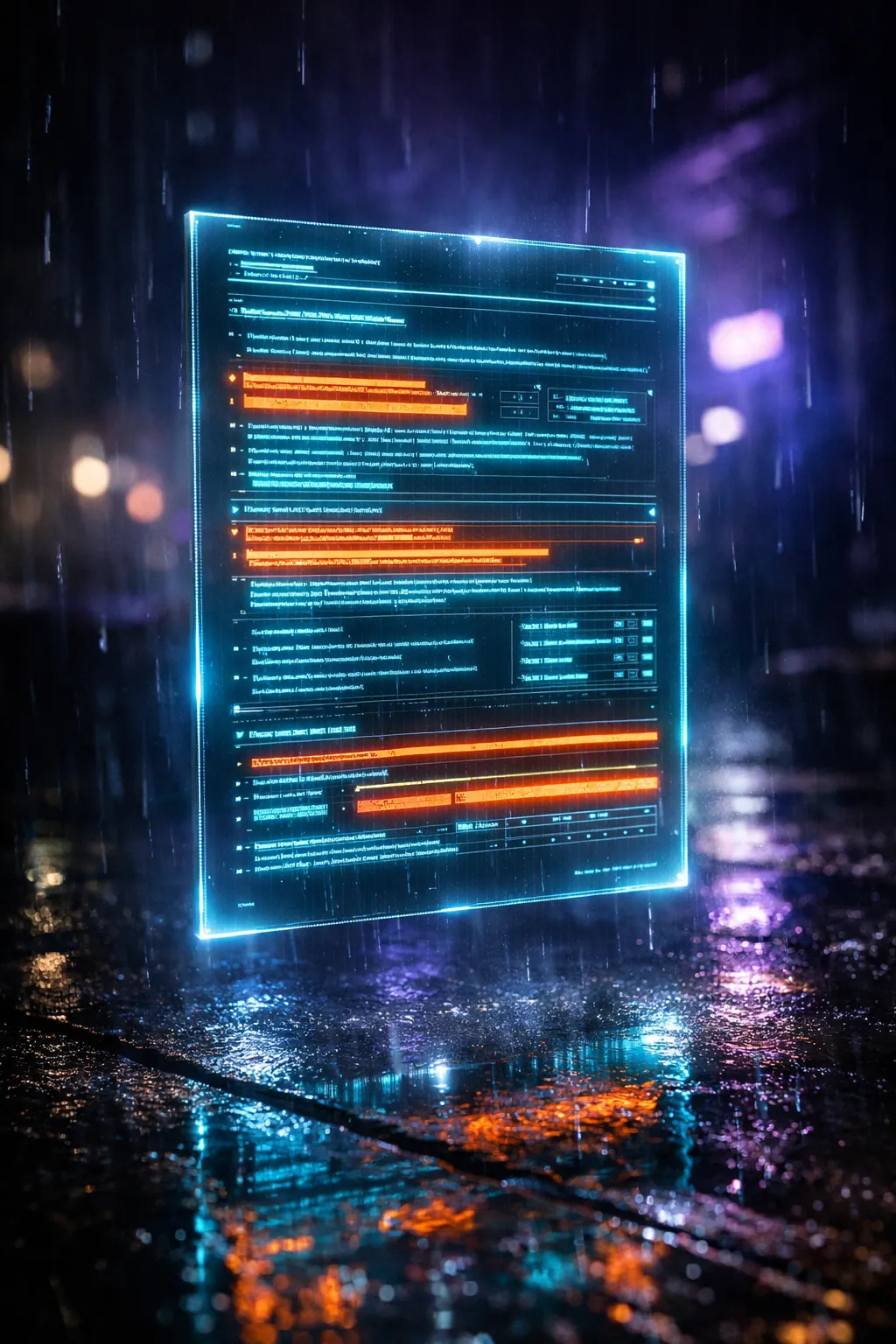 Holographic document with glowing cyan text lines and orange highlights representing content analysis