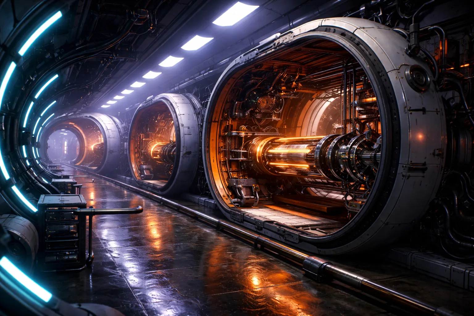 Spaceship engine room with open circular housing revealing glowing orange core machinery and cyan corridor lighting