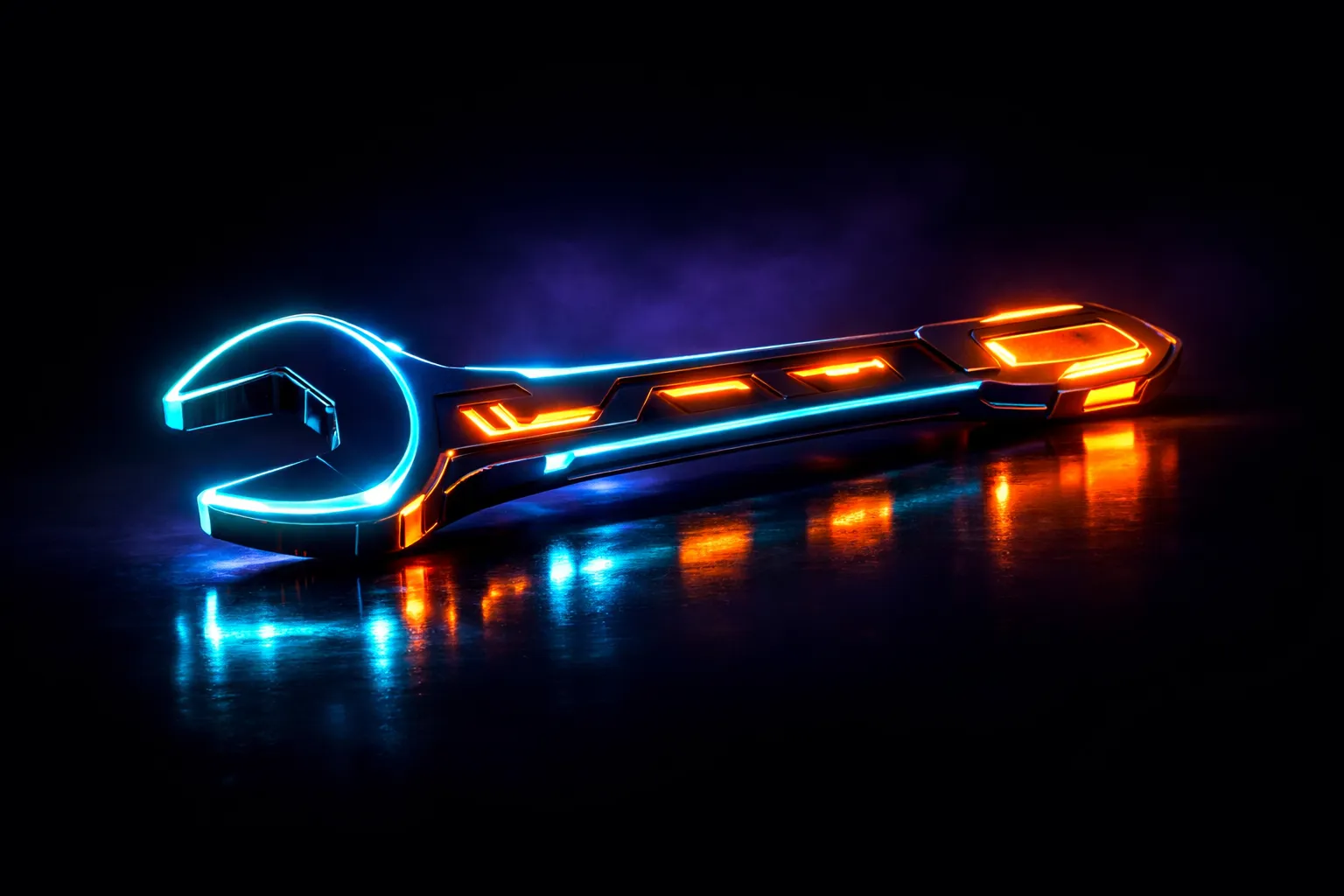 Futuristic glowing wrench with cyan and orange neon representing implementation work