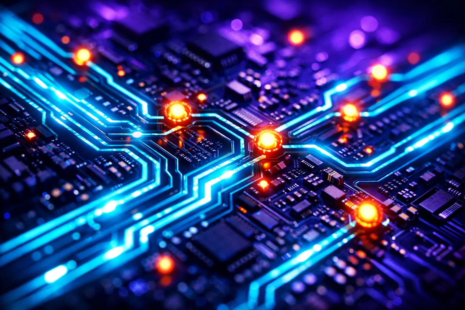 Glowing circuit board with cyan pathways and orange nodes representing technical SEO analysis