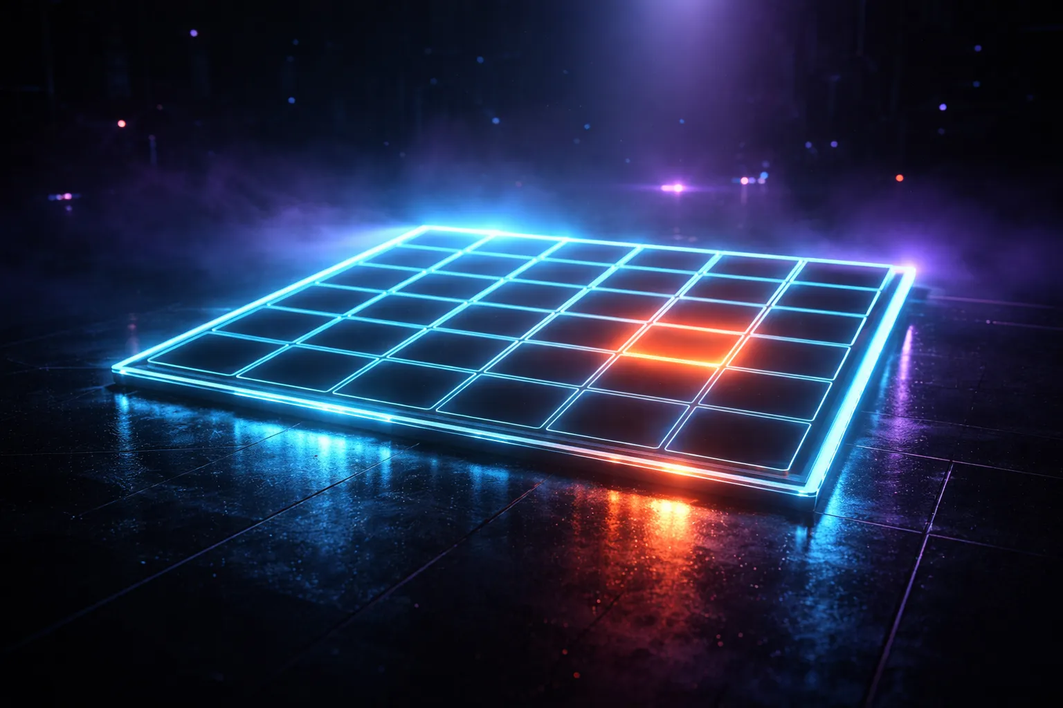 Holographic calendar grid with cyan outline and orange highlighted dates representing SEO audit timing