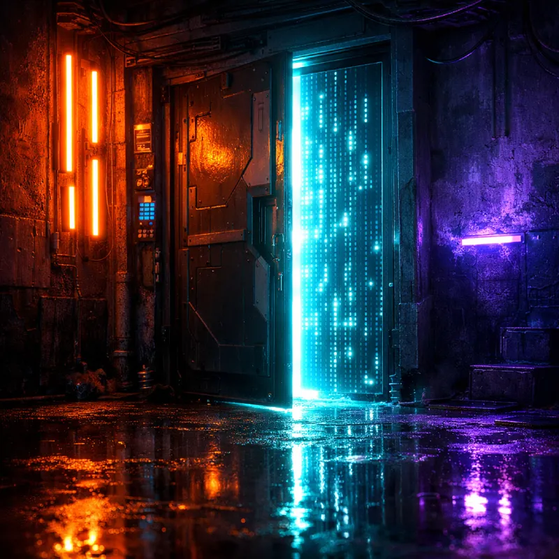 Cyberpunk doors with data streams representing SEO audit process