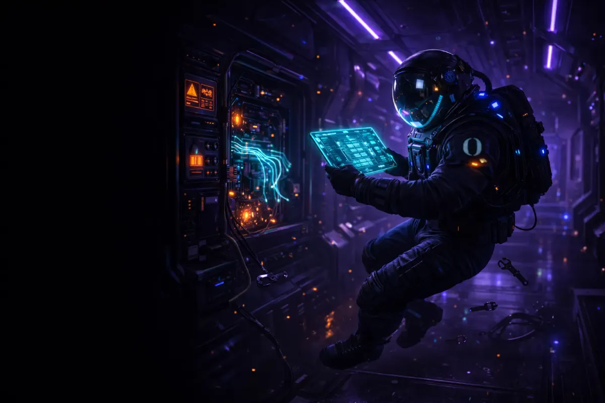 Astronaut reviewing holographic diagnostic display with cyan data readouts inside spaceship