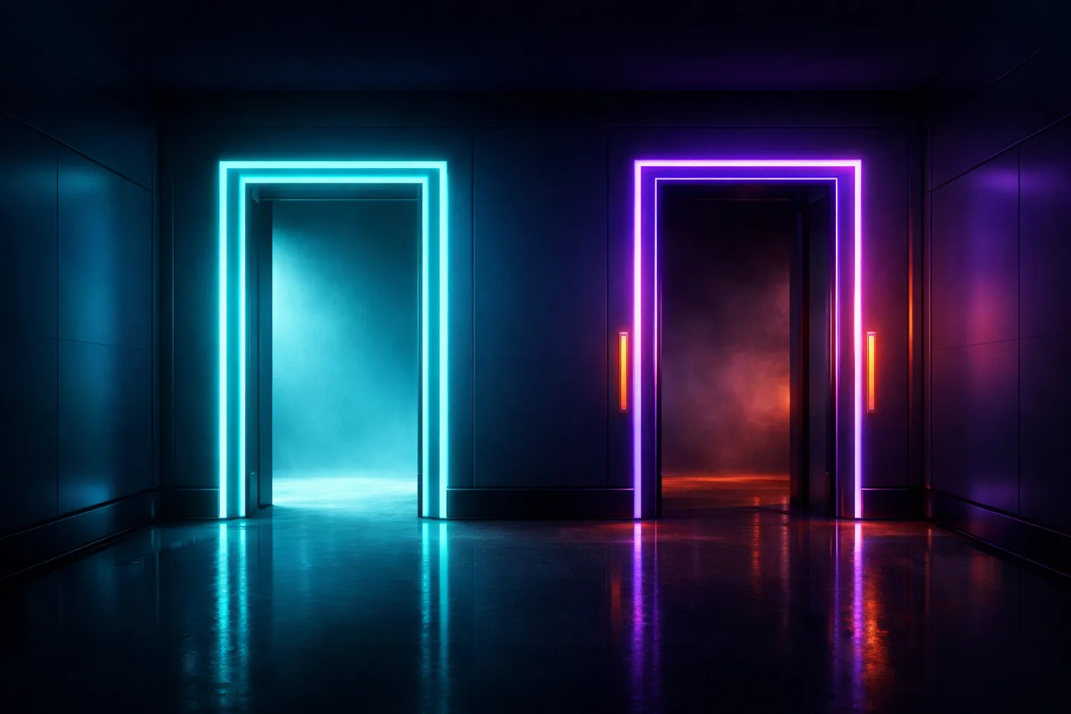 Two futuristic doorways showing different service paths, cyan and purple neon