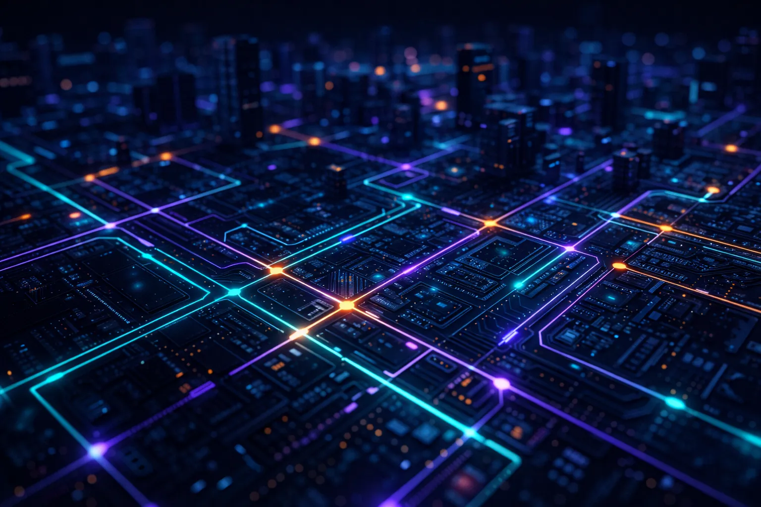 Glowing circuit pathways connecting nodes, representing site architecture and internal linking