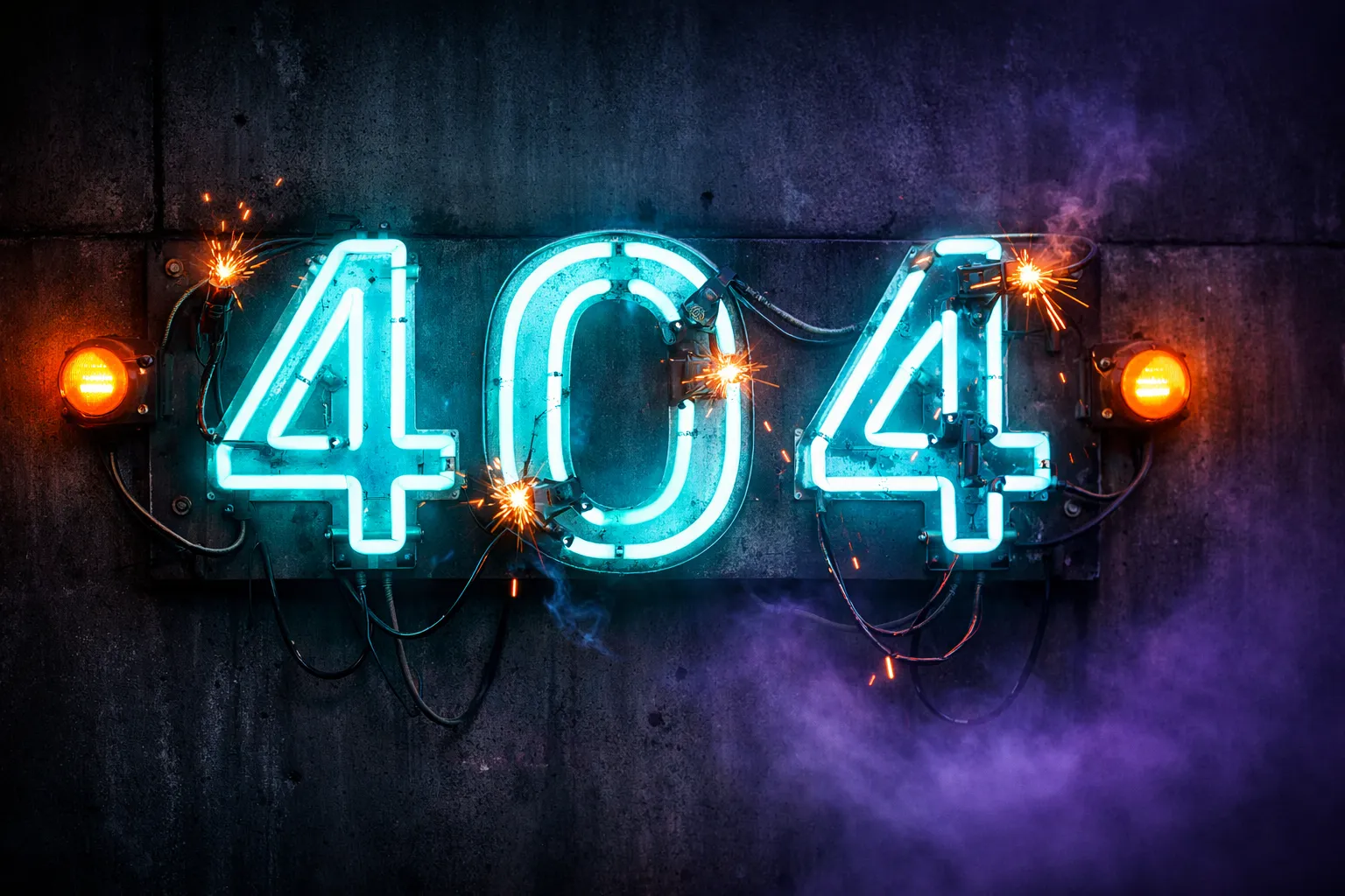 Broken flickering 404 neon sign with sparks representing website migration errors