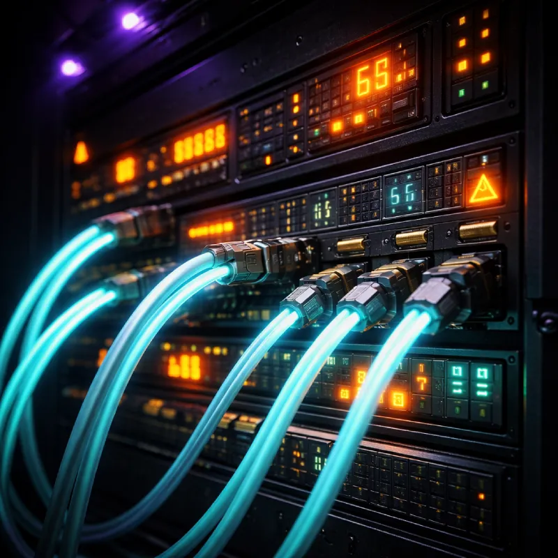 Cyan server cables and orange indicator lights on data centre rack