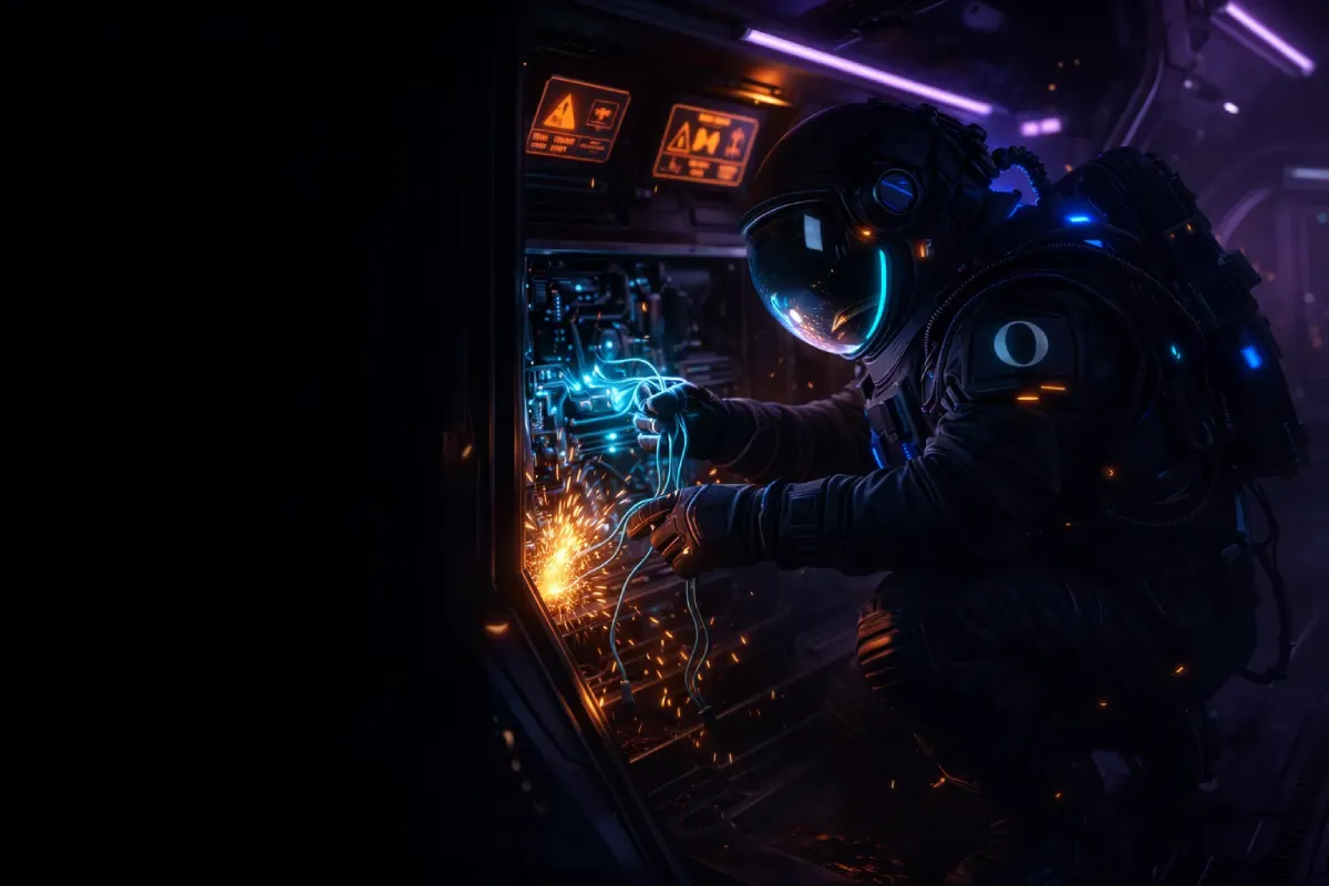 Astronaut repairing glowing cyan wiring inside spaceship with orange warning sparks