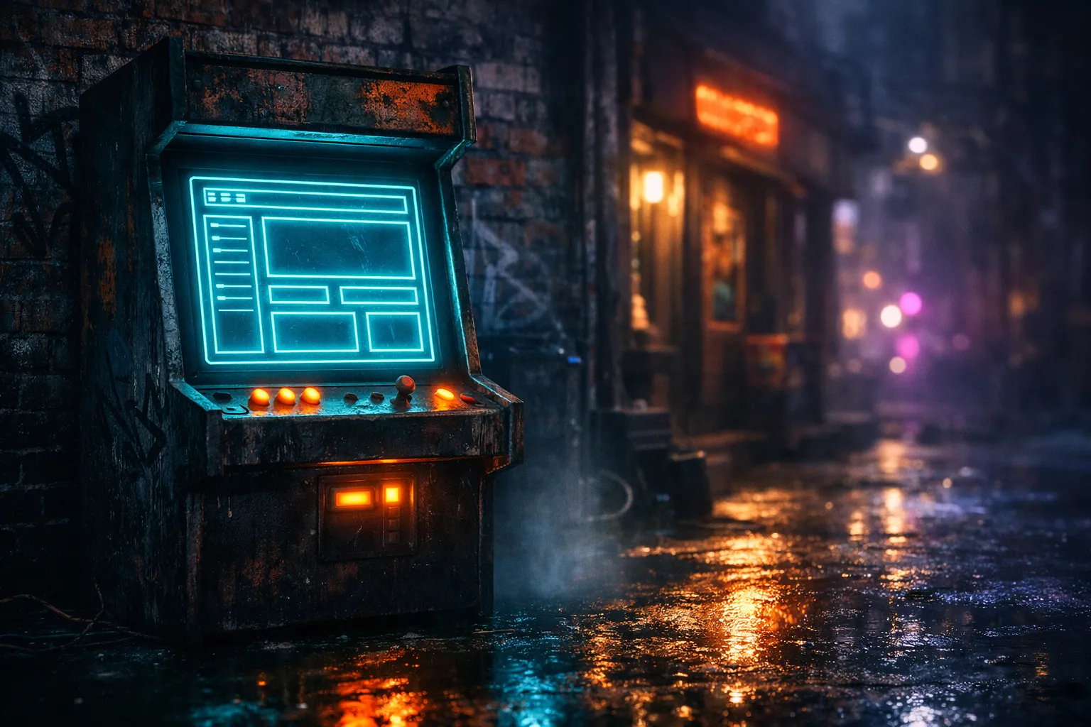Cyberpunk arcade machine displaying website wireframe layout in rainy alley with neon reflections