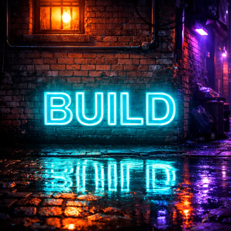BUILD neon sign in rain-slicked cyberpunk alley at night
