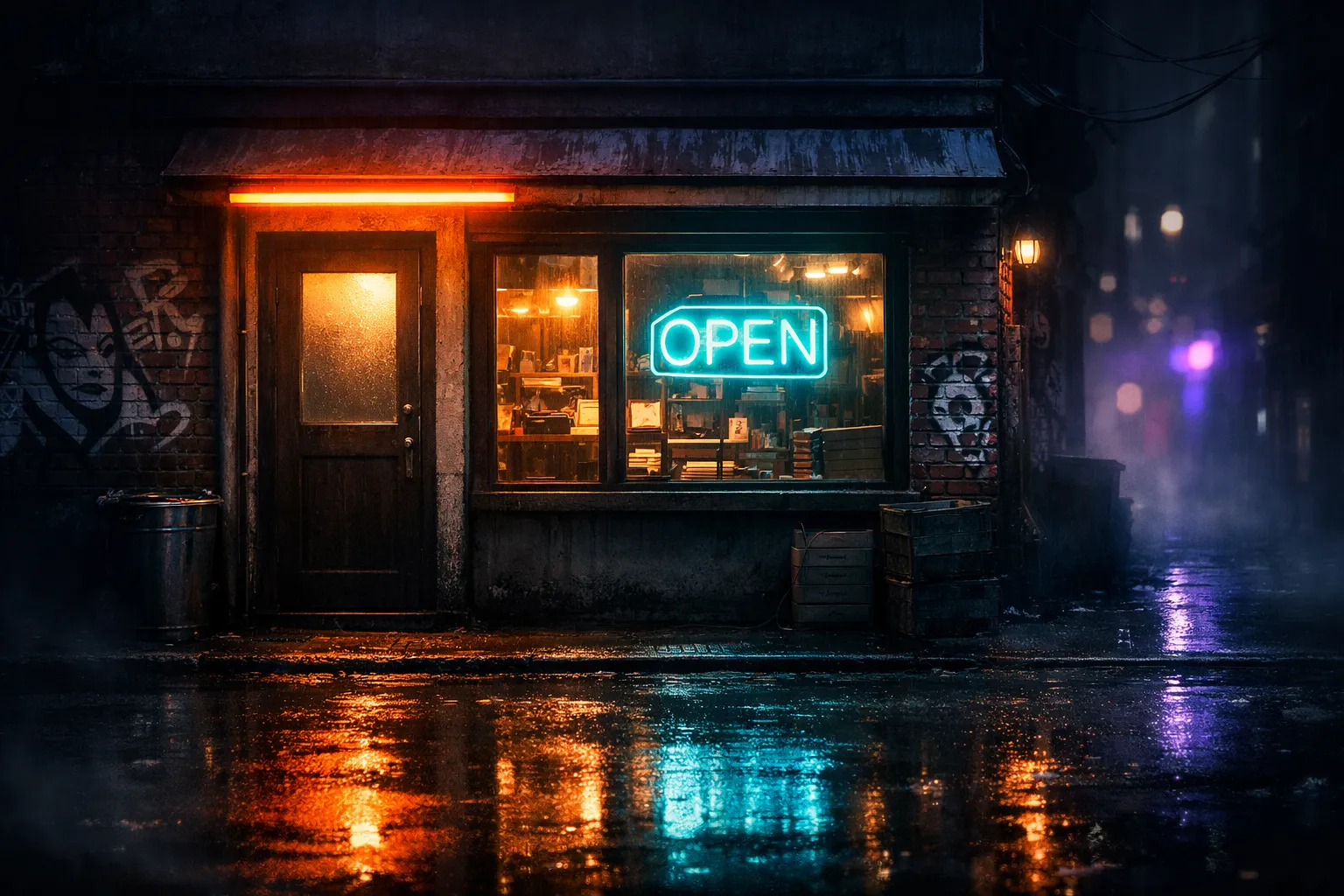 Small shopfront with neon OPEN sign in cyberpunk alley representing local service businesses