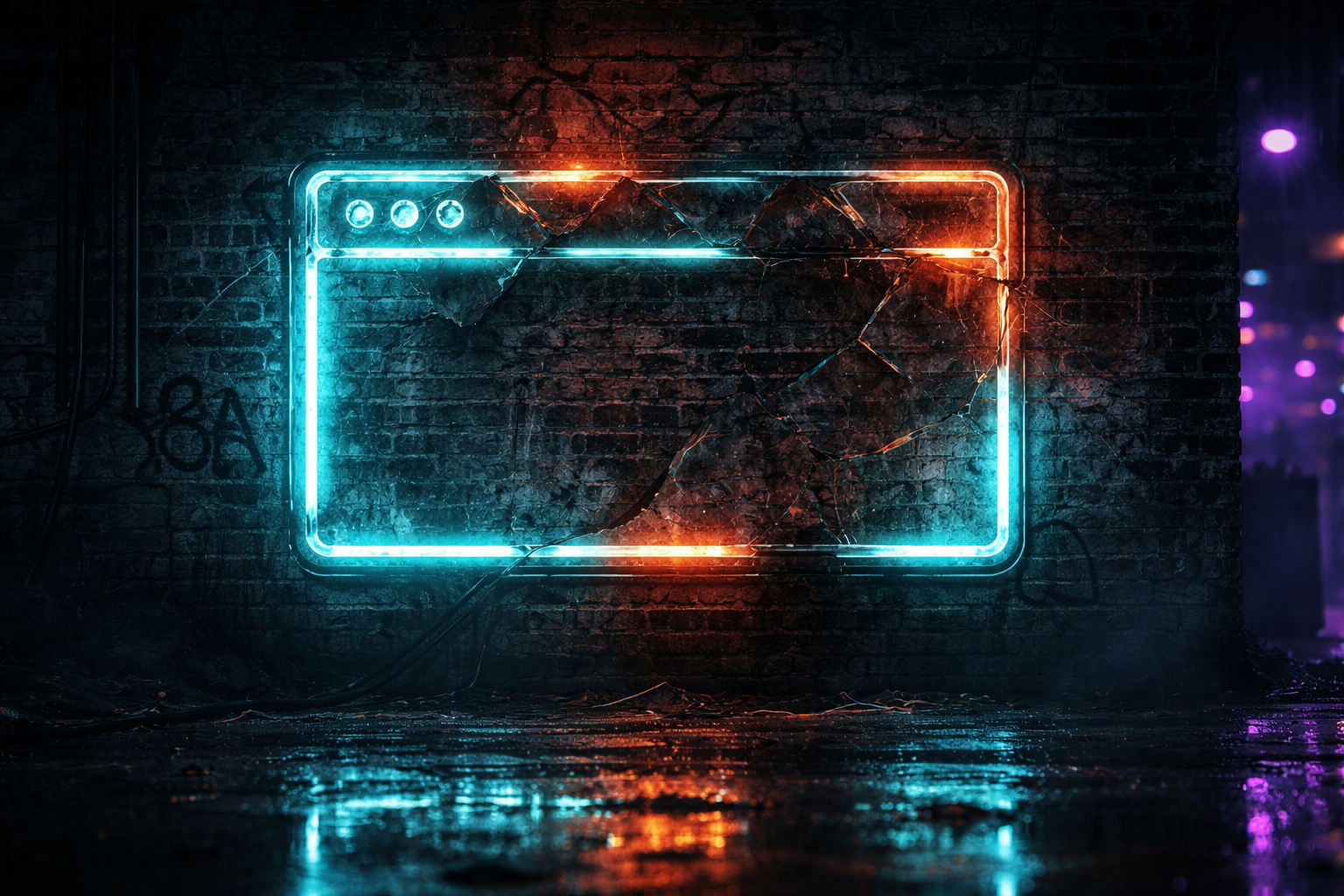 Cracked neon browser window on brick wall with cyan and orange glow representing broken website