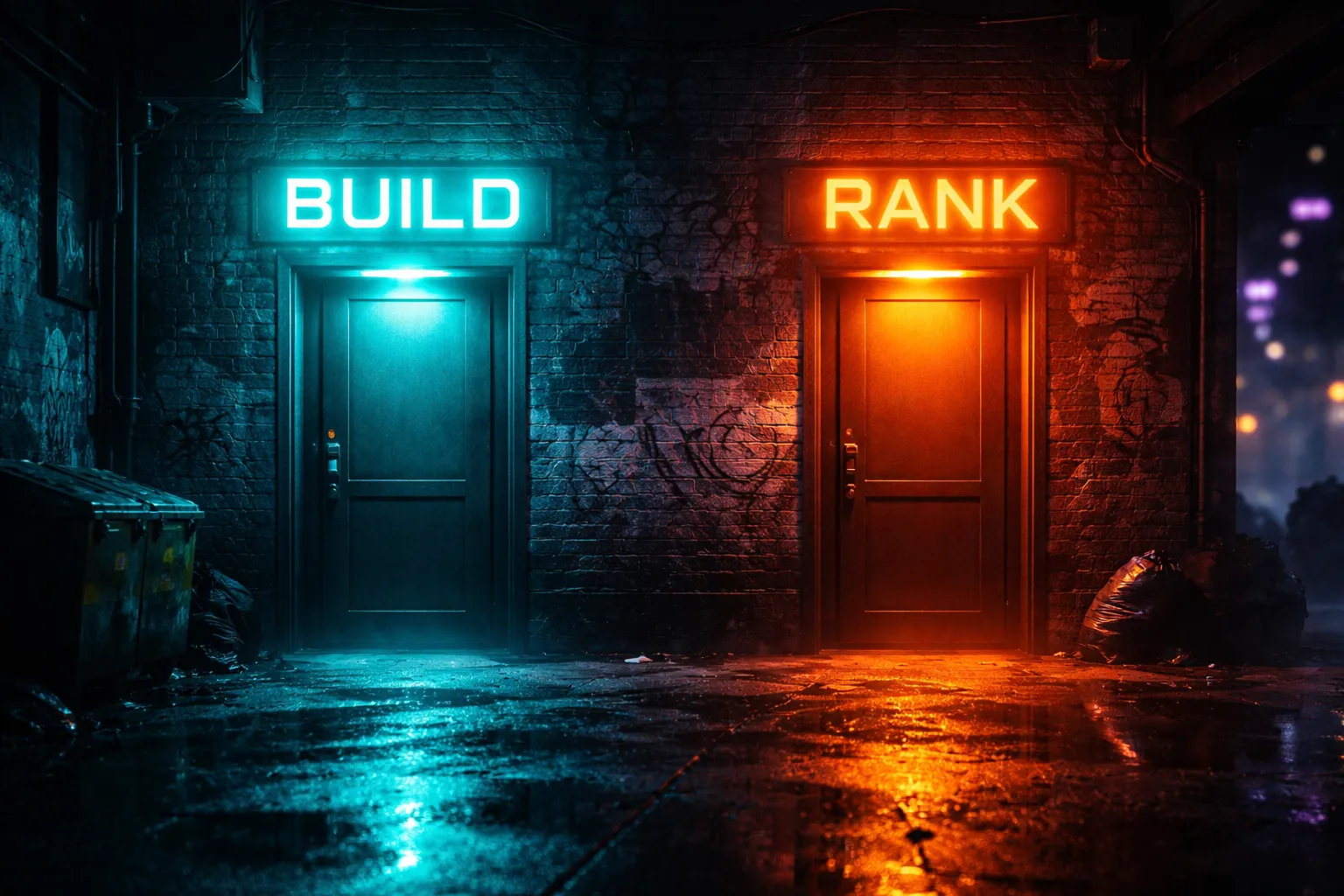 Two cyberpunk doors with neon BUILD and RANK signs showing web design and SEO as separate services