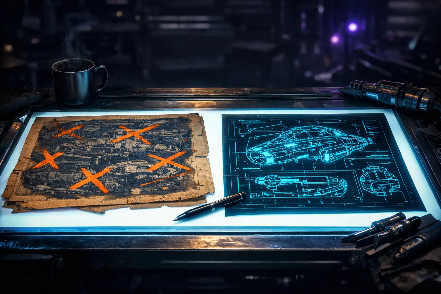 Light table with old crossed-out blueprint next to new glowing cyan plan in workshop