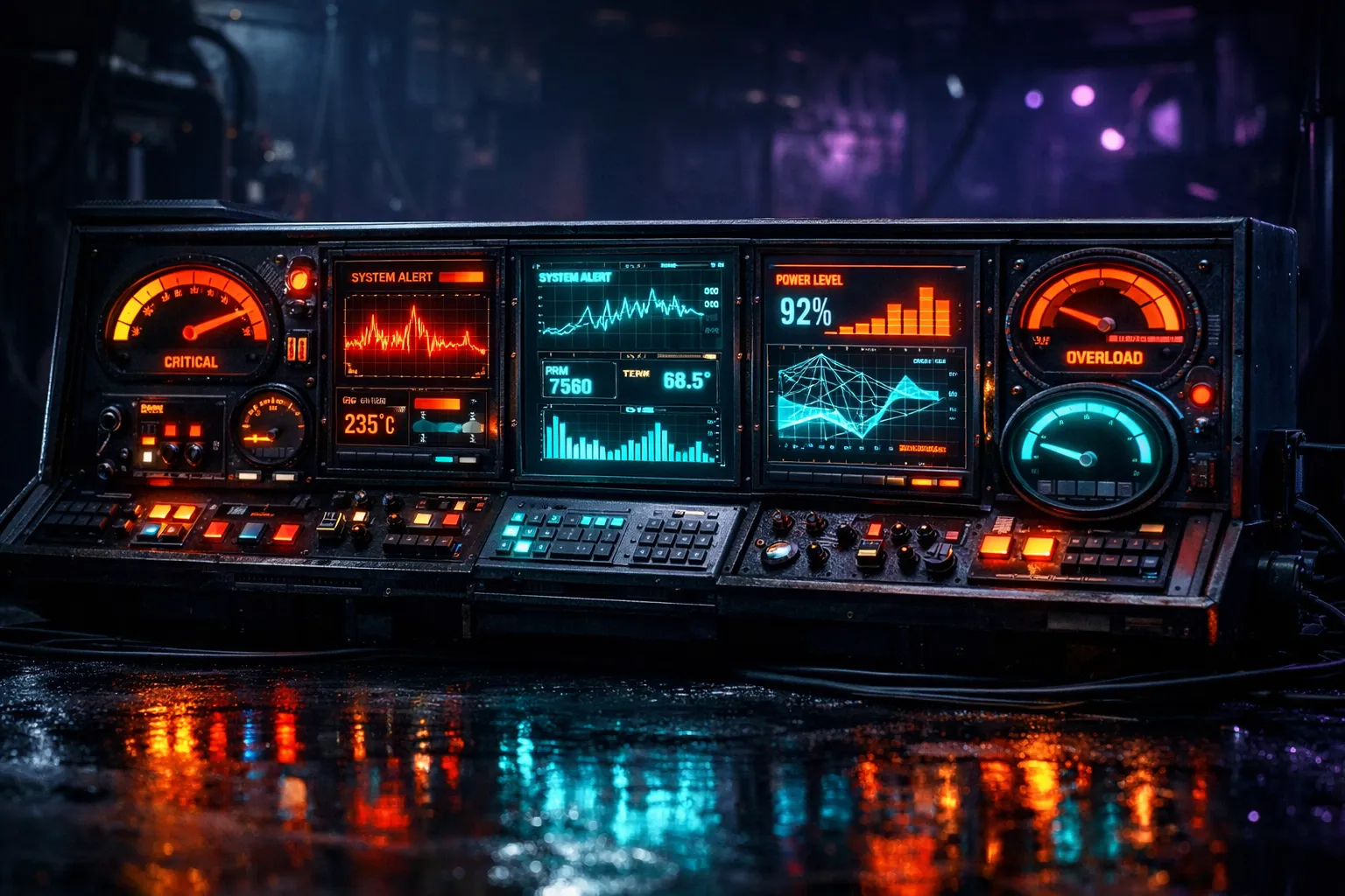 Futuristic control panel with glowing gauges and system alerts in dark workshop
