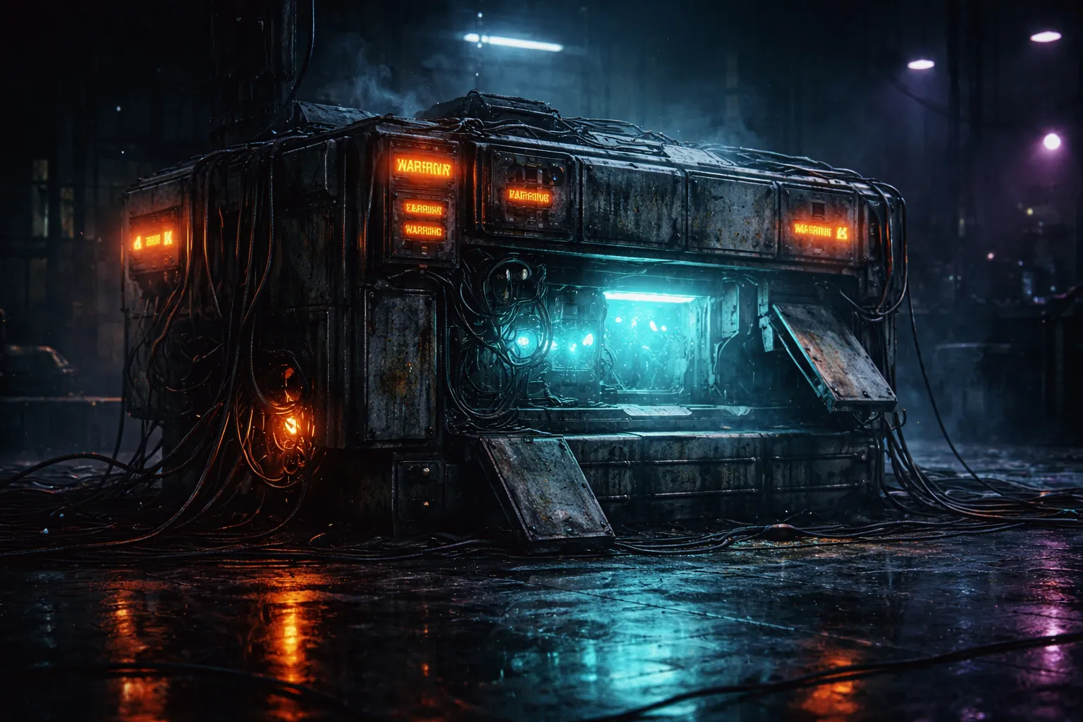 Old failing machine with orange warning lights and frayed cables in dark workshop
