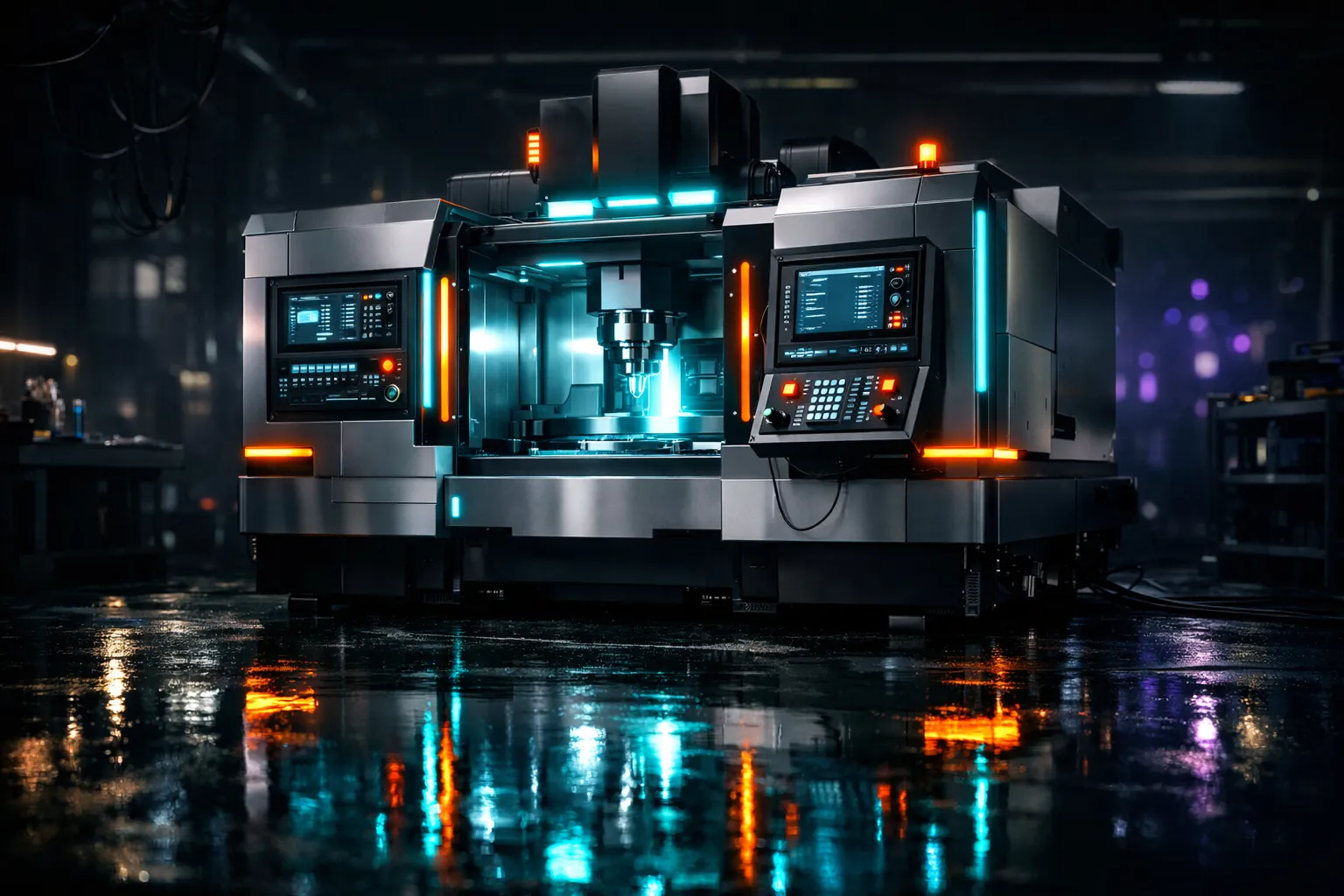 Completed rebuilt machine with glowing cyan and orange lights, powered up and ready