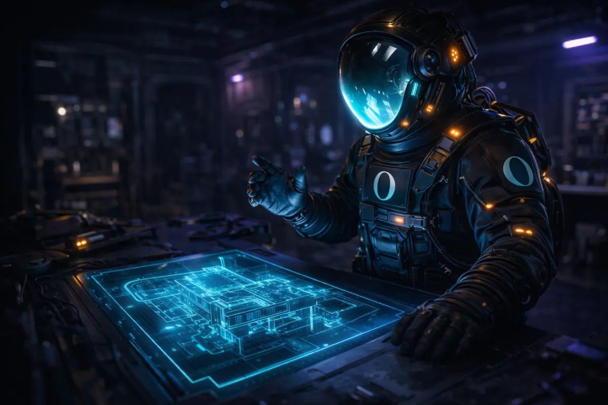 Astronaut studying glowing holographic blueprint at a futuristic workshop workbench