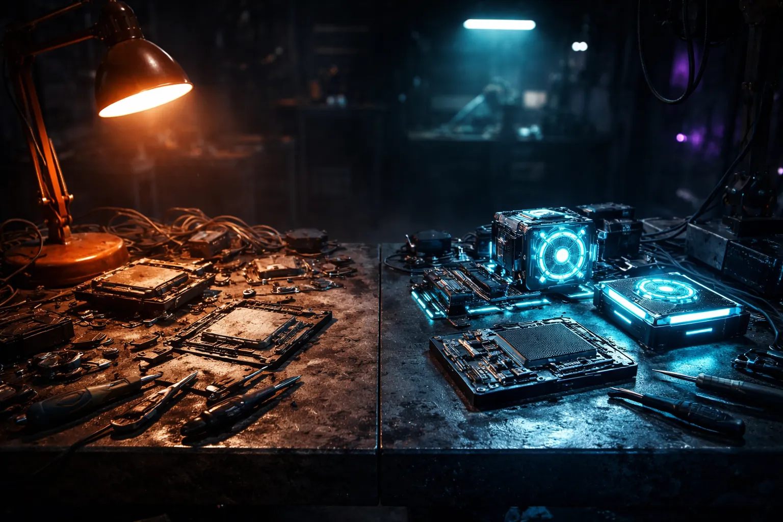 Workbench with old dusty components next to new glowing upgraded parts in dark workshop